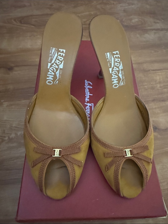 Salvatore Ferragamo Shoes - Salvatore Ferragamo Mustard Suede Peep-Toe Mules with Signature Bow